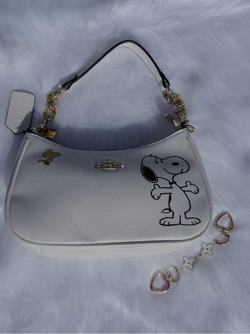 Coach White Snoopy Leather Shoulder Bag with Gold Accents